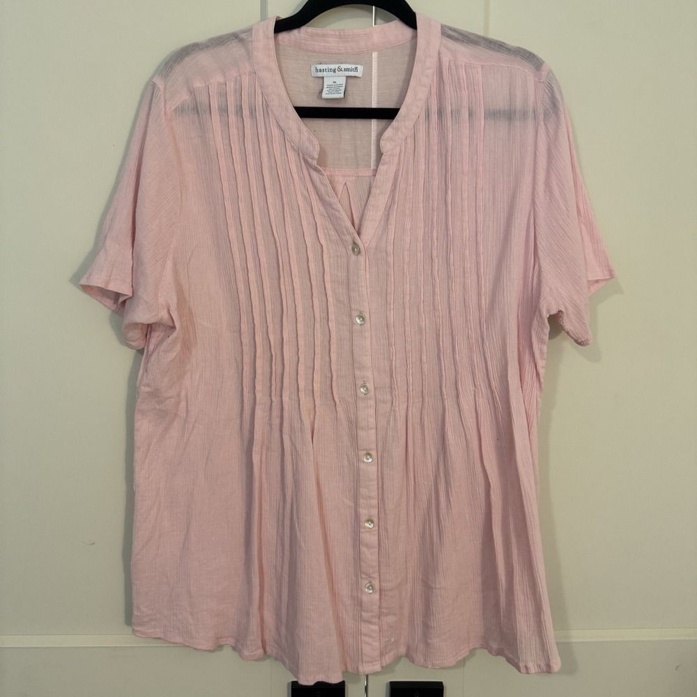 Hasting & Smith pink crinkle button down Sz XL 100% cotton Pin Tuck Pleats